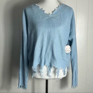 NEW NWT Jolie & Joy Pullover Sweater Crop Knit Woven Raw Hem Light Baby Blue XL